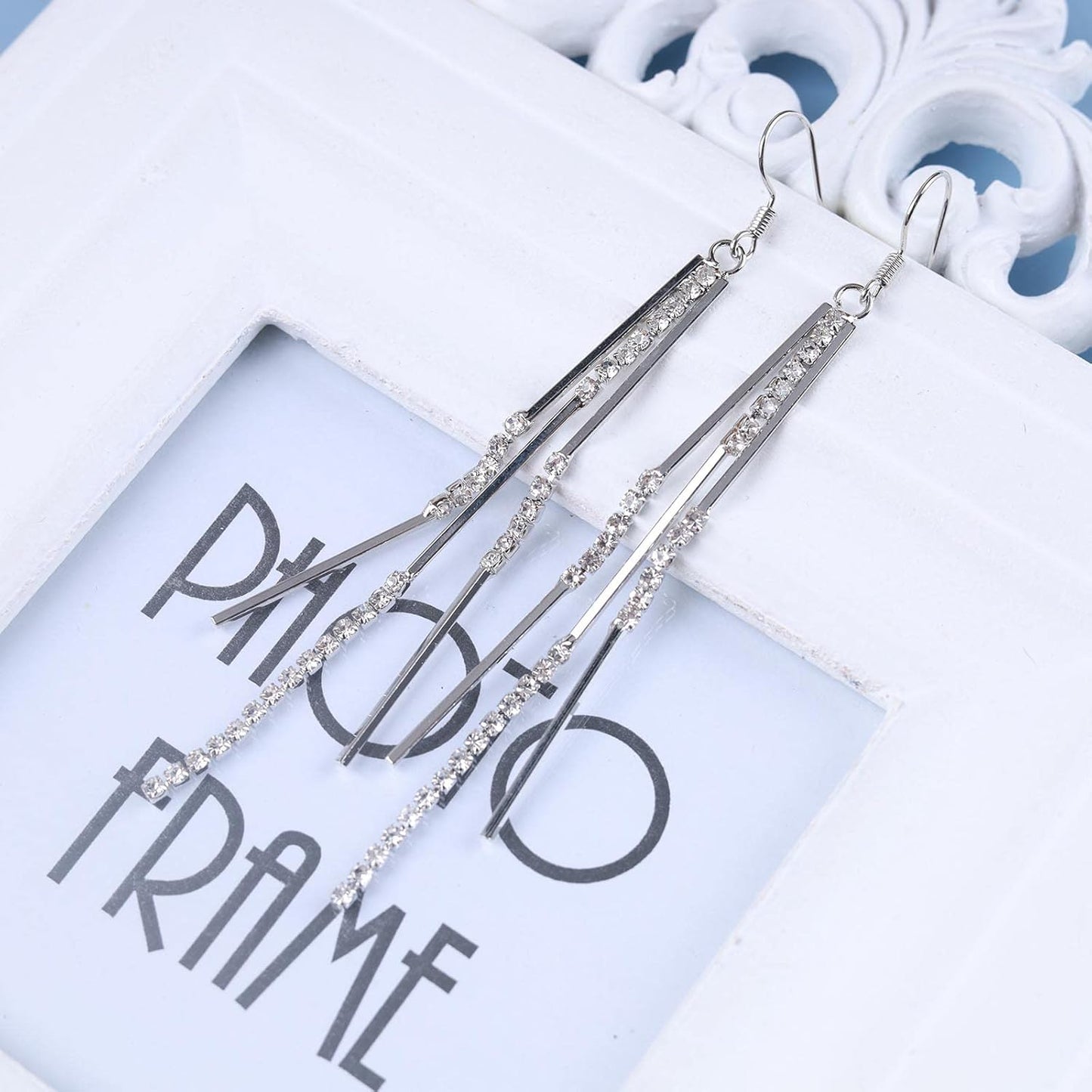 Vintage Crystal Tassel Earrings Rhinestone Bar Drop Earrings Long Rhinestone Chain Earrings Gold Cz Bar Hook Earrings Sparkle Tennis Chain Earrings Jewelry for Women