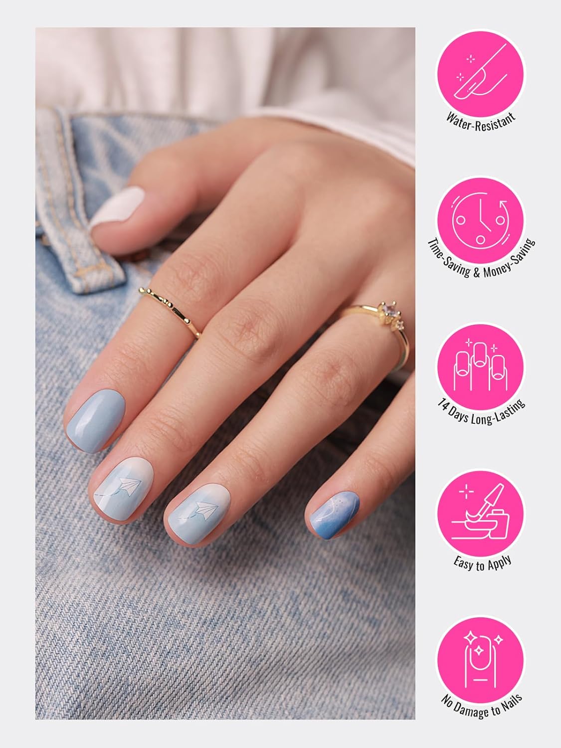 Semi Cured Gel Nail Strips, 30 pcs Gel Stikers, Wraps, Salon-Quality, Easy to Apply, 2 Weeks Long Lasting (Fly to The Sky)