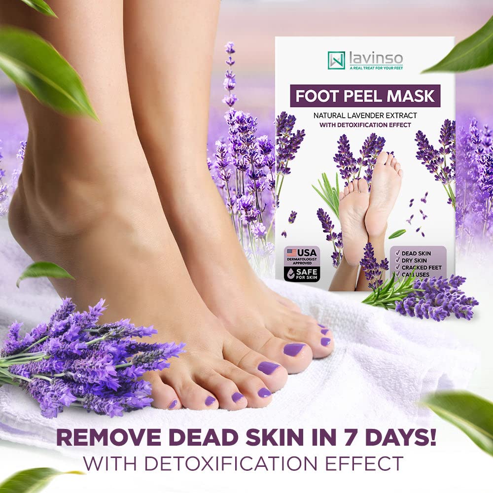 Lavinso Lavender Foot Exfoliator Peeling Mask for Dry Cracked Feet - 3 Pack - Remove Dead Skin and Callus - Foot Peel Mask for Baby Soft Feet