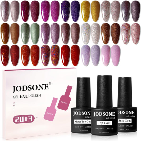 JODSONE 23 Bottles of Glitter Colorful and Elegant Gel Polish kit with 3 Bottles of Matte and Glossy Top Coat Base Coat Gel Nail Set