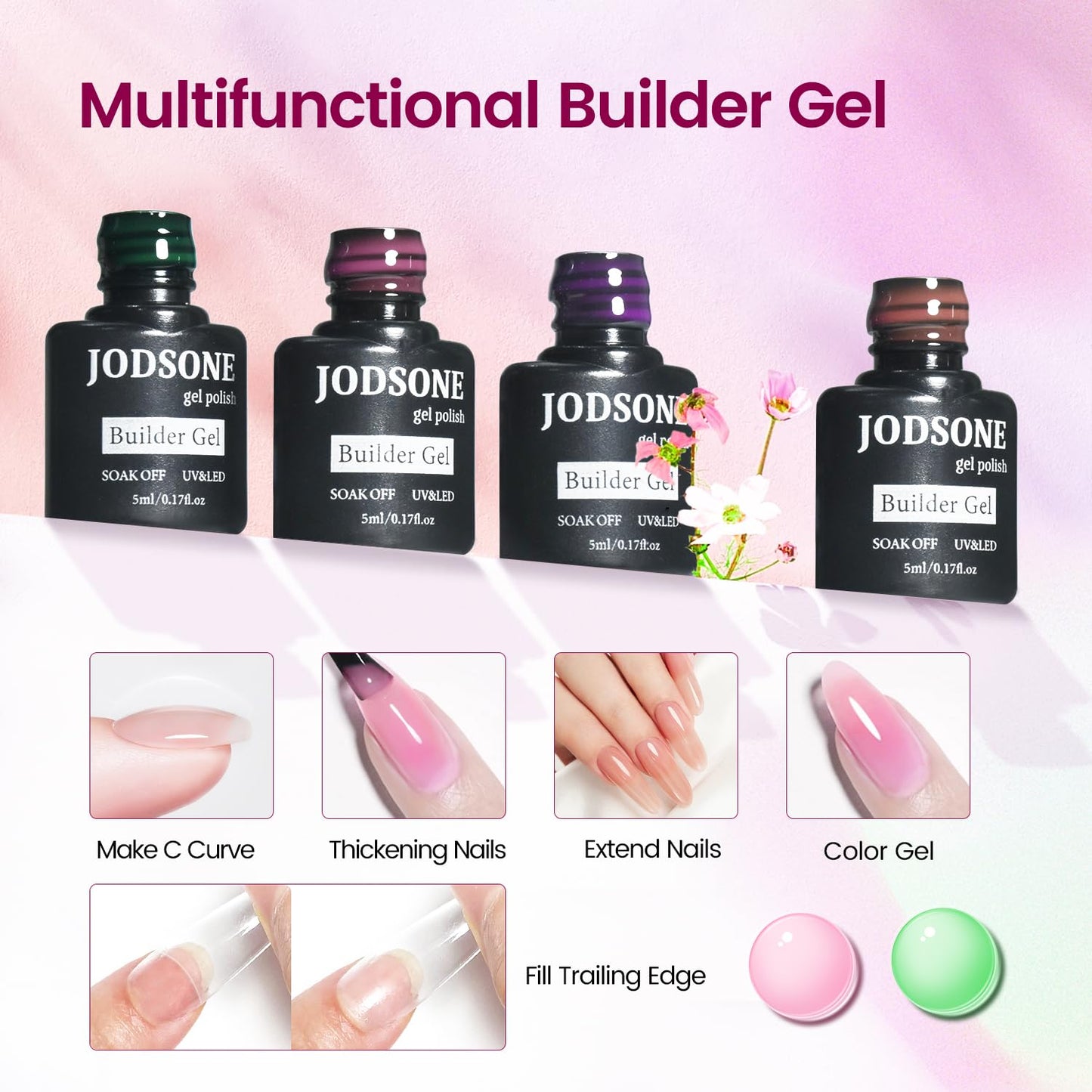 JODSONE Builder Gel Nail Kit with U V Light Base Top Coat 21 Colors High Shine Builder Gel and 100 PCS Extension Stickers