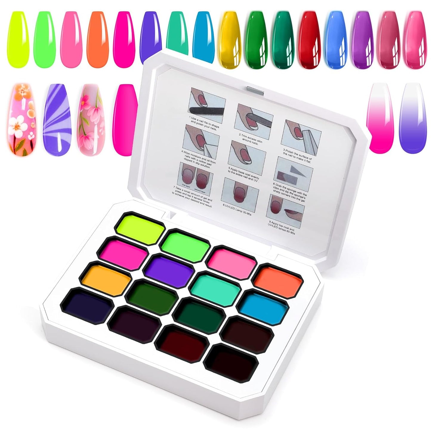 Gradient Gel Nail Set,16 Bright Neon Color for Ombre Fluorescent Jelly Nail Polish Platte, Pat Painting Gel French Nail Manicure No-wipe DIY Art Home Salon Soak of UV Cyber Gelight