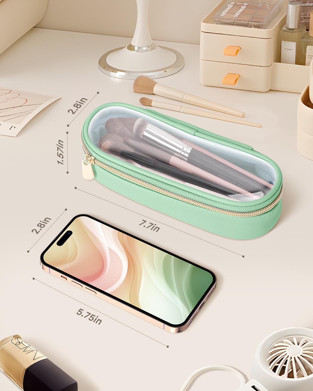 Clear Travel Makeup Brush Holder, Leather Makeup Brush Toiletry Bag, Portable Cosmetic Brush Case, Transparent Waterproof Makeup Brush Storage Bag, Mint Green
