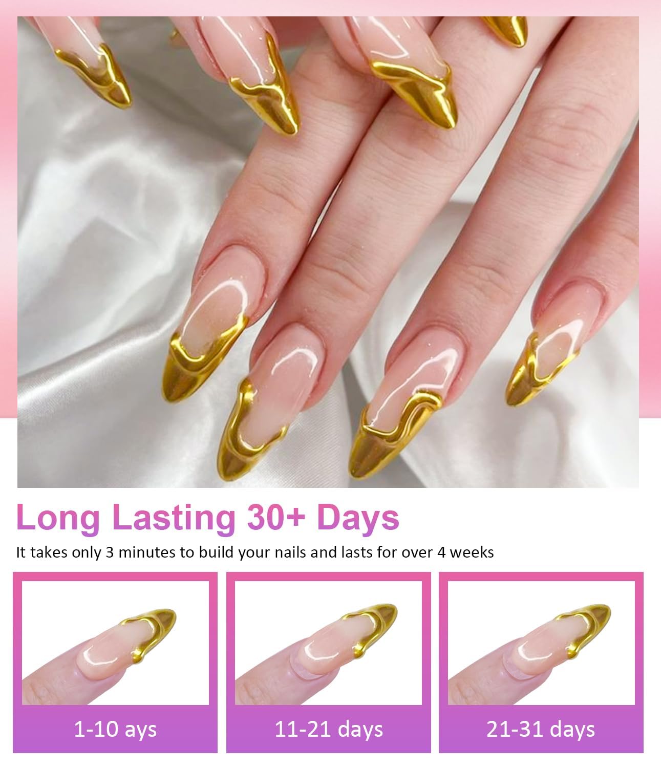 3D Nail Gel Art BISHENGYF - Rose Gold Chrome Nail Powder 15g 3D Nail Gel with Laser White Nail Powder Non-Sticky Clear 3D Sculpting for Art Home DIY