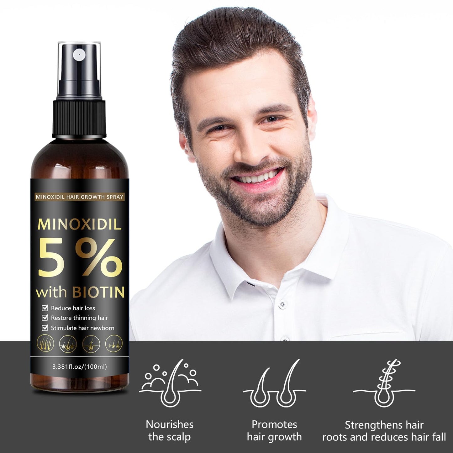 5% Minoxidil Hair & Beard Growth Spray with Biotin for Men & Women, Hair Regrowth, Treatment for Hair Loss & Thinning, for Stronger Thicker Fuller Healthier Hair, for All Hair Types, 3.38 oz