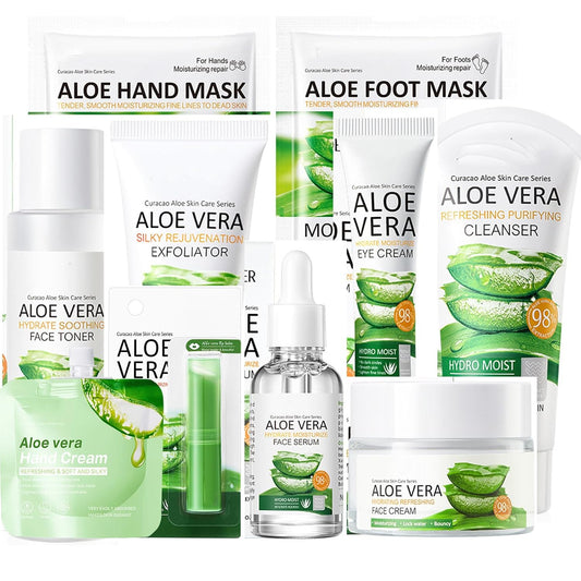 10Pcs Skin Care Products Set, Aloe Vera Skin Care Sets, Skin Care Gift Set for Women Girls, Skincare Routine Set, Face Care Kit for Dry Skin, Hydrating Whole Body Skin Care
