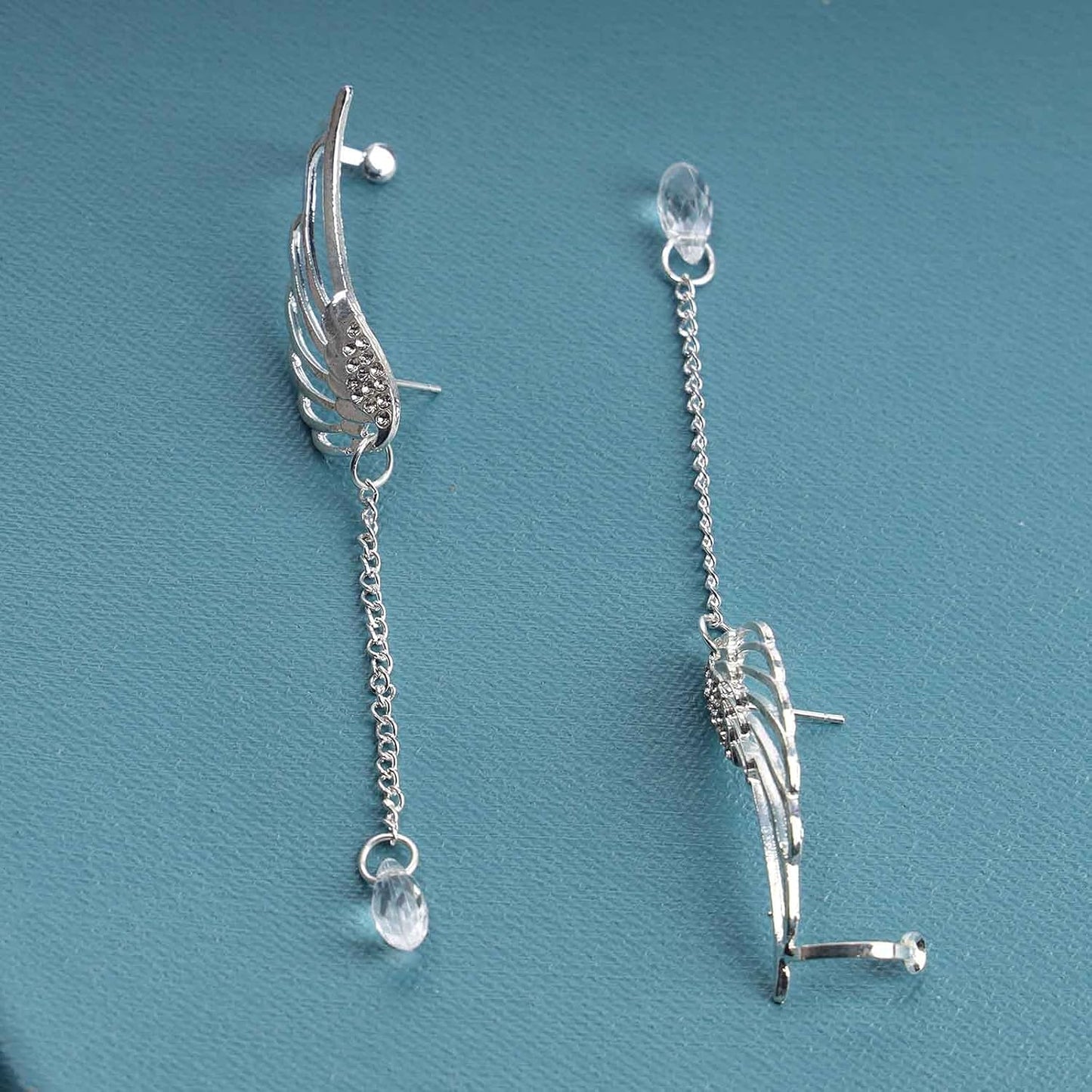 Boho Rhinestone Wing Ear Climbers Earrings Silver Crystal Drop Earring Chain Dangle Earrings Angel Wing Wrap Earrings Jewelry for Women and Girls Gifts
