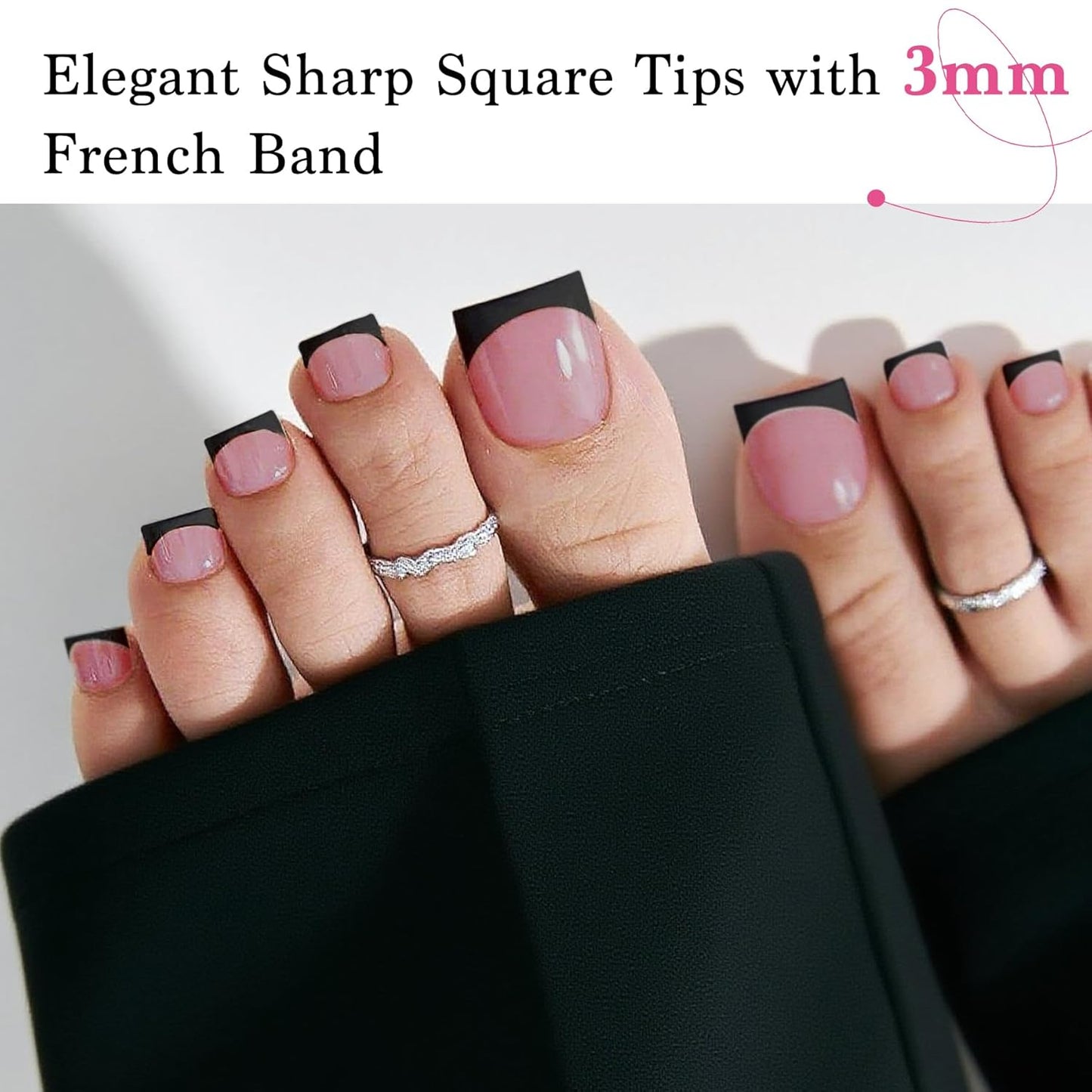 Toenail Press Ons French Tip, Berry Pink Black Elegant False Toe Nail Extension 15 Sizes 270 Pcs Sharp Square Acrylic Tips Pre-applied Nail Primer & Base Coat Full Cover for DIY Home 2025 Summer