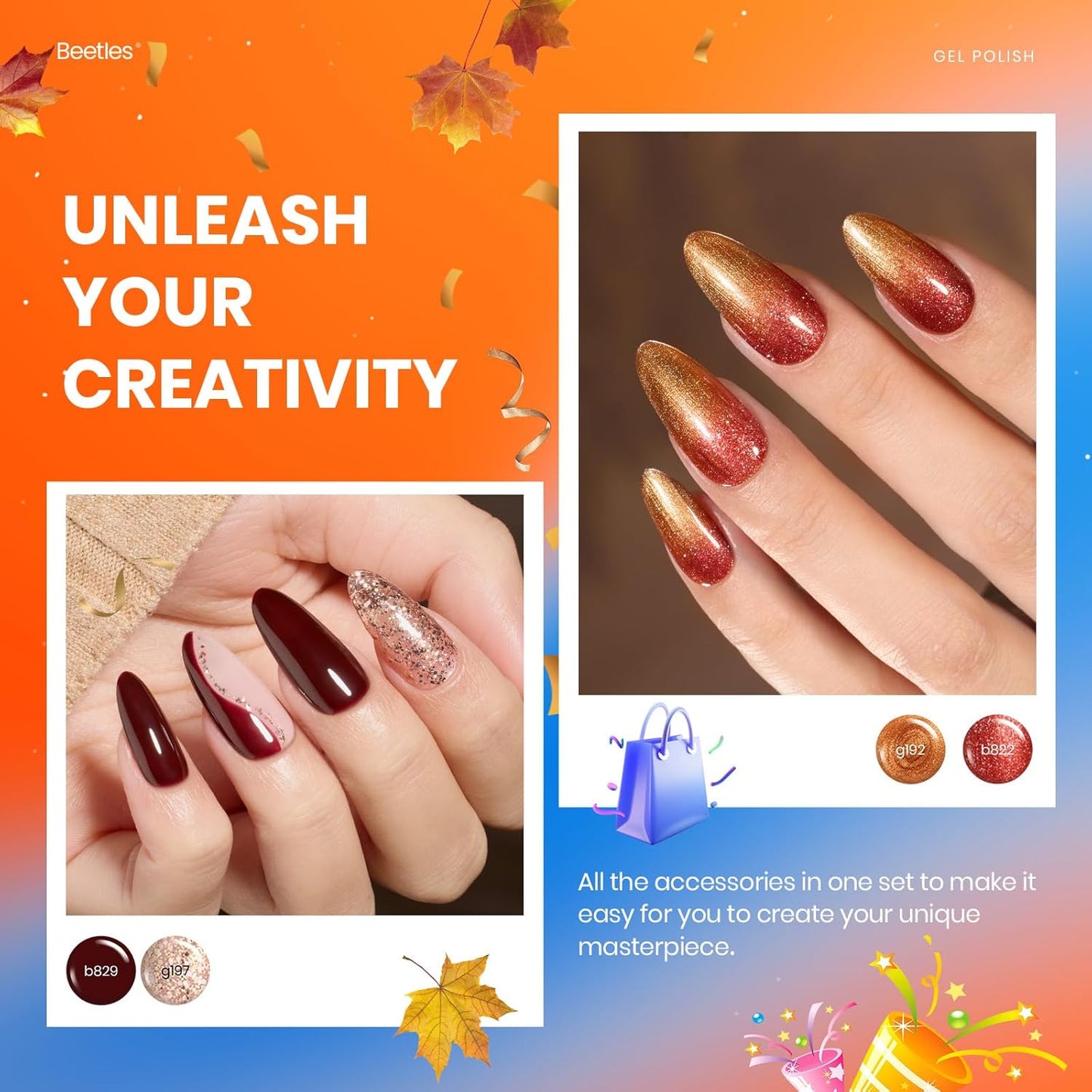 Beetles Gel Nail Polish Set - 20 Colors Warm Mist Fall Gel Nail Kit Burgundy Brown Nude Gold Glitter Gray Shimmer Soak Off Long Lasting with Base & Top Coat Home DIY Salon Nail Art Gift Set for Women