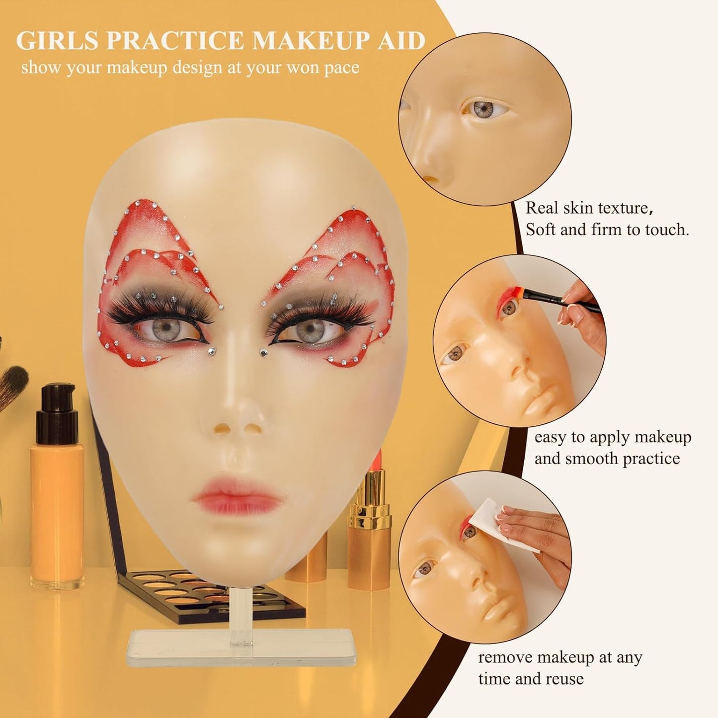 Makeup Practice Face, Eye Makeup Practice Head Silicone, Makeup Practice Accessories Set with Face Painting Mannequin Head, Makeup Brushes, Face Painting and Eyebrow Pen, Makeup Practice Gift, Yellow
