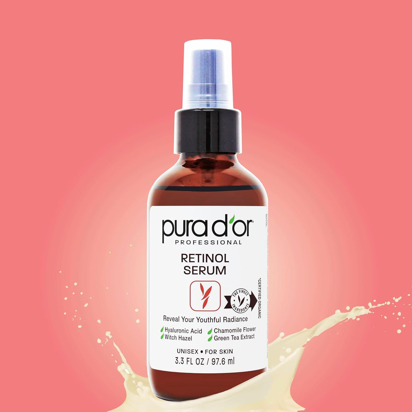 PURA D'OR 3.3 Oz Retinol Serum For Nighttime - Advanced PM Skin Care Formula - Anti-Aging Wrinkle Reducer for Radiant Skin - Natural Vitamin A & Collagen Booster - Fine Lines Treatment - Travel Size