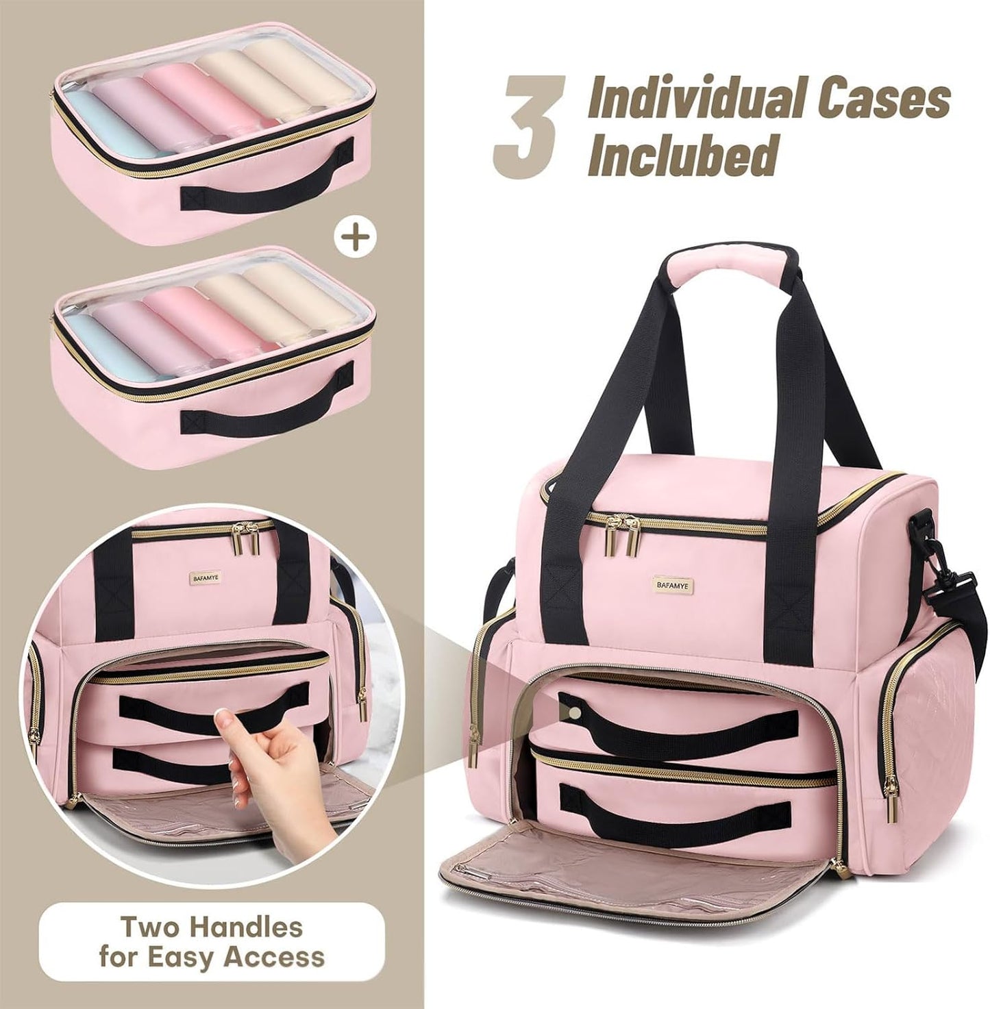 Large Makeup Cosmetic Bag with 2 Removable Case, Double Layer Travel Makeup Organizer Case, travel Toiletry Bag For Women, Pink