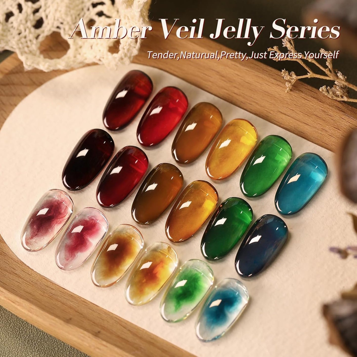 Born Pretty Jelly Gel Nail Polish Fall Winter Amber Crystal Transparent Sheer Clear Gel Polish Red Coral Burnt Orange Green Blue Amber Brown 6 Colors Manicure Kit