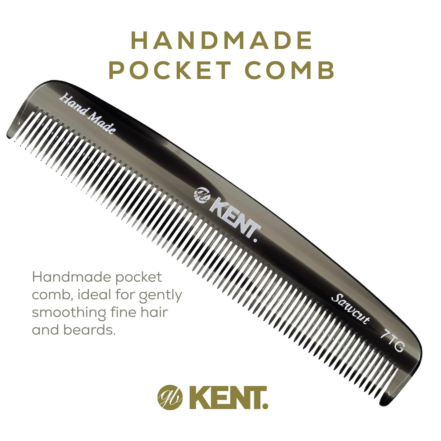 Kent 7T Black Graphite All Fine Tooth Pocket Comb for Men - Handmade Hair Comb for Men for Everyday Grooming and Styling - Travel Comb for Hair Care, Mustache and Beard Care, Saw Cut and Hand Polished
