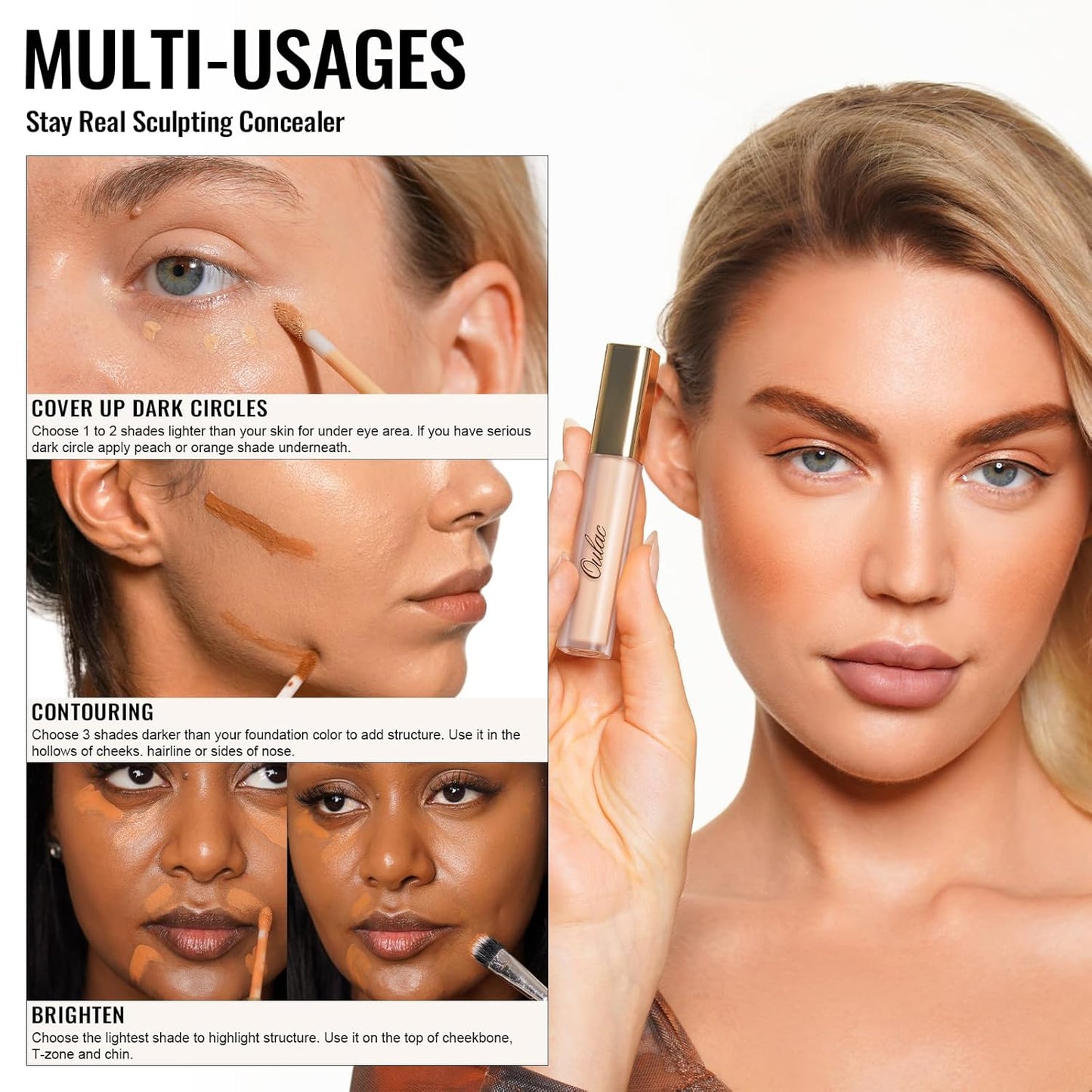 Oulac Concealer Full Coverage, Concealer Stick for Dark Circles, Hydrating Concealer Infused with Hyaluronic Acid, Lightweight, Long Lasting, Vegan Concealer 3.8ml, Shade: C7 Olive