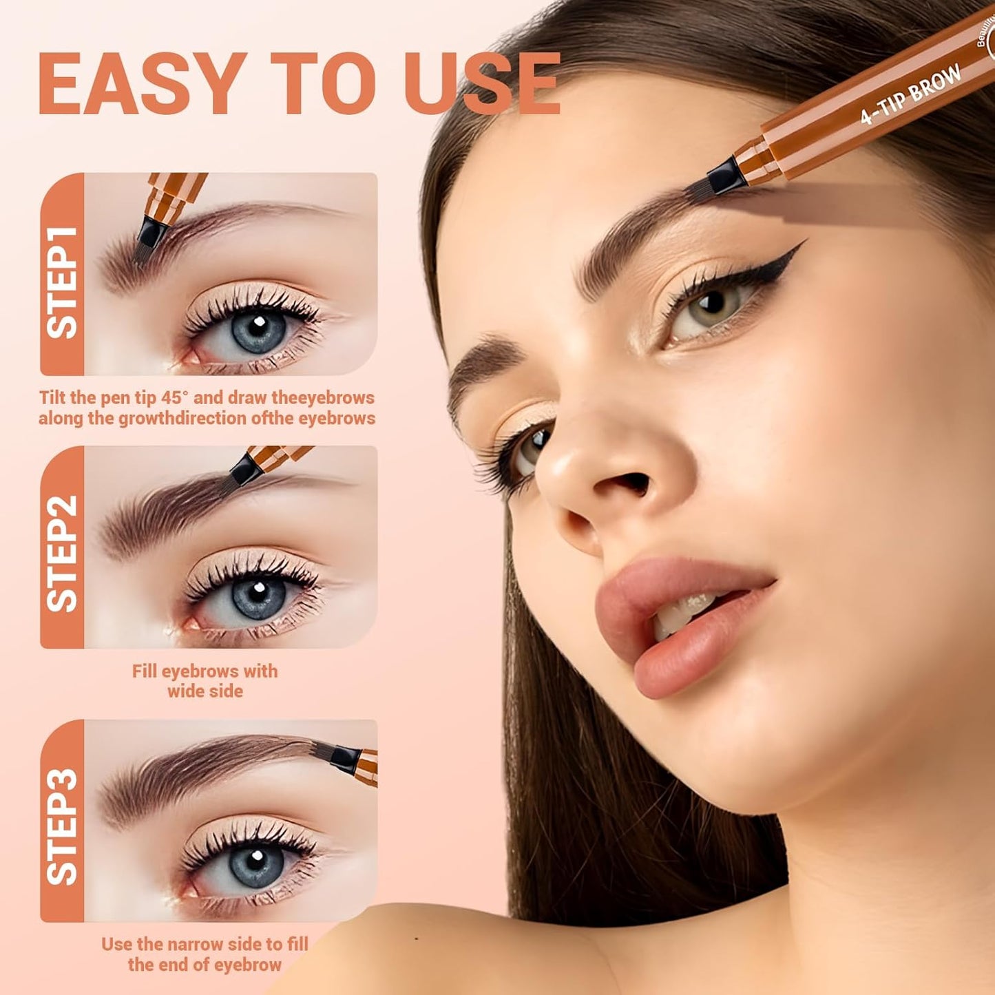2025 New Magic Eyebrow Pencil, 3D Waterproof 4 Tipped Precise Brow Pen Microblading Eyebrow Pencil Contouring Pen Fine Stroke Microblading Creates Natural (Light Brown)