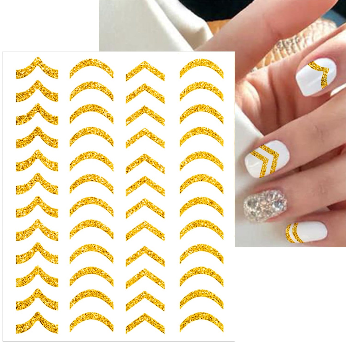 SILPECWEE 8 Sheets Gold Glitter Nail Art Stickers Decals for Women Kids French Nail Stickers French Tip Stripe Flame Flower Butterfly for Nails Design 3D Self-Adhesive Manicure Decoration
