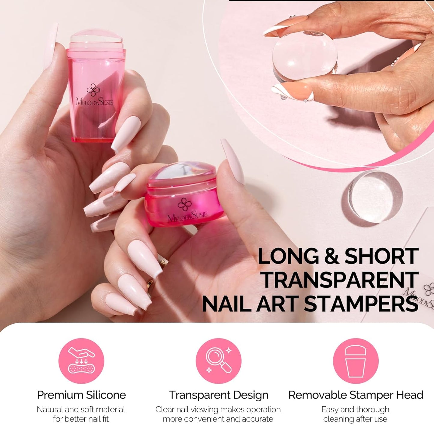 MelodySusie French Nail Stamper Kit, Silicone Stampers with Scrapers, 4PCS Tool for French Manicure DIY Home Nail Design Salon, Pink