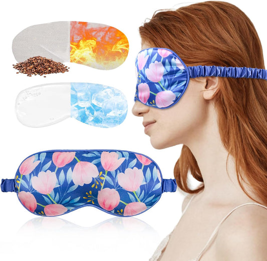 Heated Cold Eye Mask Silky Sleep Mask with Cooling Gel & Microwavable Heating Flaxseed Pad Warm Compress for Dry Eyes Care Sleeping Women Beauty Blindfold for Migraine Puffy Swollen