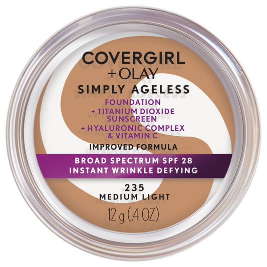 COVERGIRL Simply Ageless Instant Wrinkle Defying Foundation, SPF 28, Hyaluronic Complex & Vitamin C - 235 Medium Light, Pack of 1