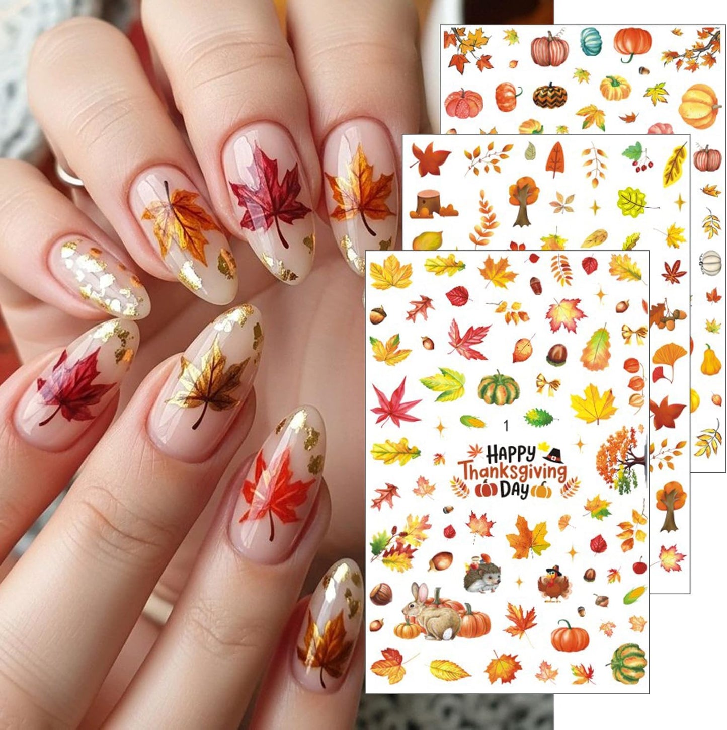 6Pcs Fall Nail Stickers for Nails Art - Cute Pumpkin Nail Decals Yellow Fallen Leaves for Nails Autumn Maple Leaf Theme Thanksgiving Nail Design Adhesive Sticker Sliders for Women Nail Art Decorations