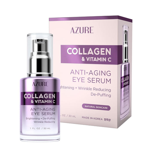 AZURE Collagen & Vitamin C Anti Aging Eye Serum - Toning, De-Puffing & Brightening Serum - Reduces Wrinkles, Fine Lines & Dark Circles - Minimizes Fatigue - Skin Care Made in Korea - 30mL / 1 fl.oz.