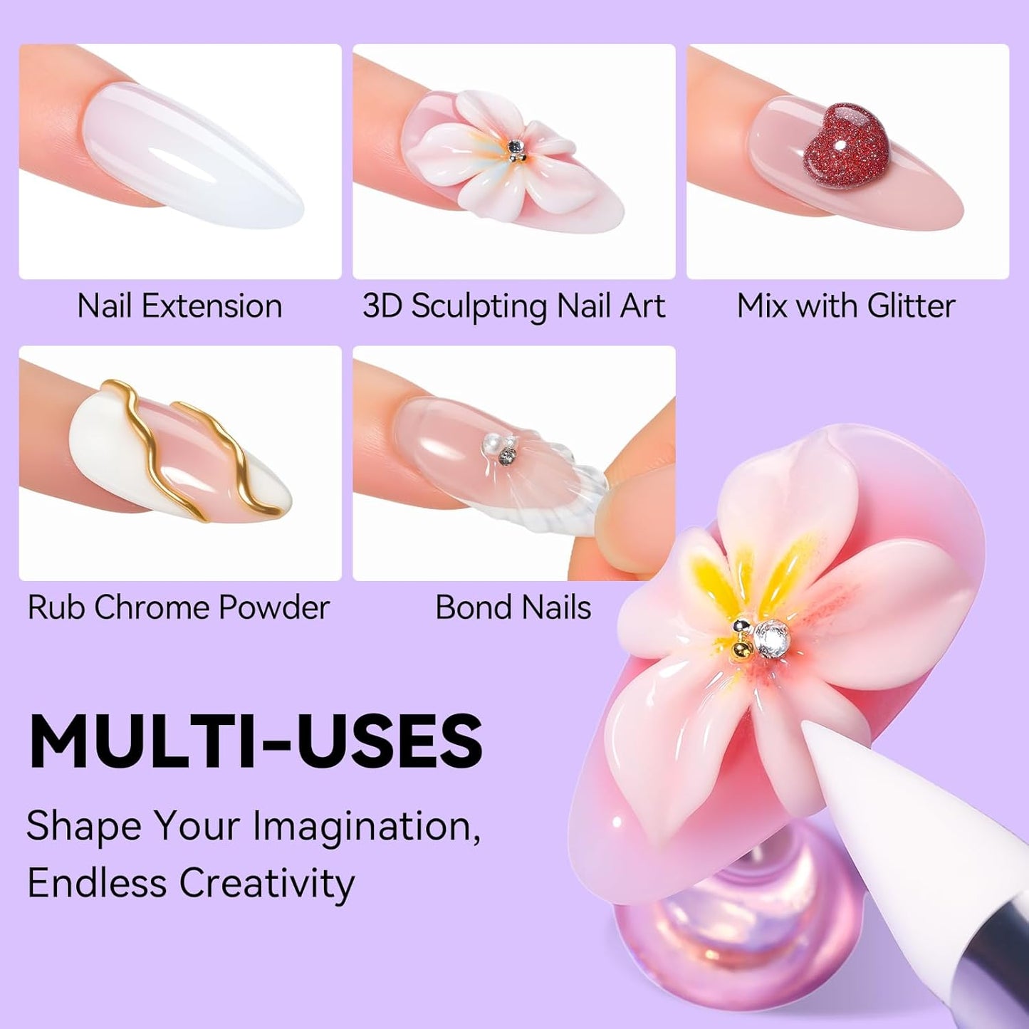 Makartt 3D Gel Nail Art: 4 in 1 White Solid Gel Builder Diy Kit for 15ML Nail Extension Gels, 4pcs Silicone Molds, 1 sculpture Brush, Nails Art Glue for Acrylic Nails Carving Manicure for Home Salon