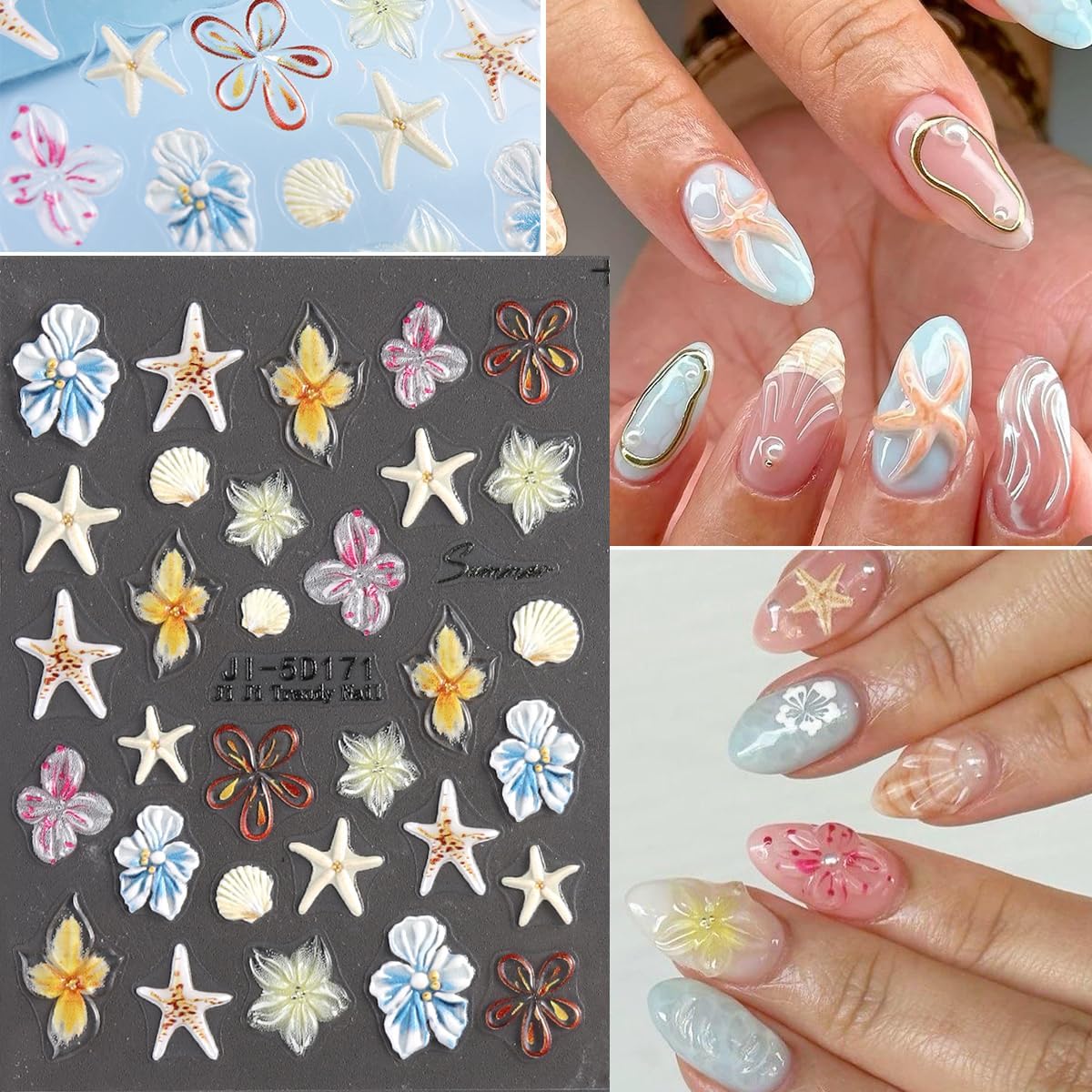 5D Embossed Ocean Nail Stickers, Summer Hibiscus Flowers Sticker for Nails Art Self-Adhesive Floral Decals Starfish Sea Shell Jellyfish Tropical Nail Stickers Pegatinas para Uñas