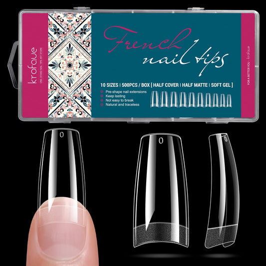 krofaue French Nail Tips - Acrylic Soft Gel False Tips 500PCS Half Cover Square Fake Nails for Women Half Matte French Tip Press on Nails 10 Sizes