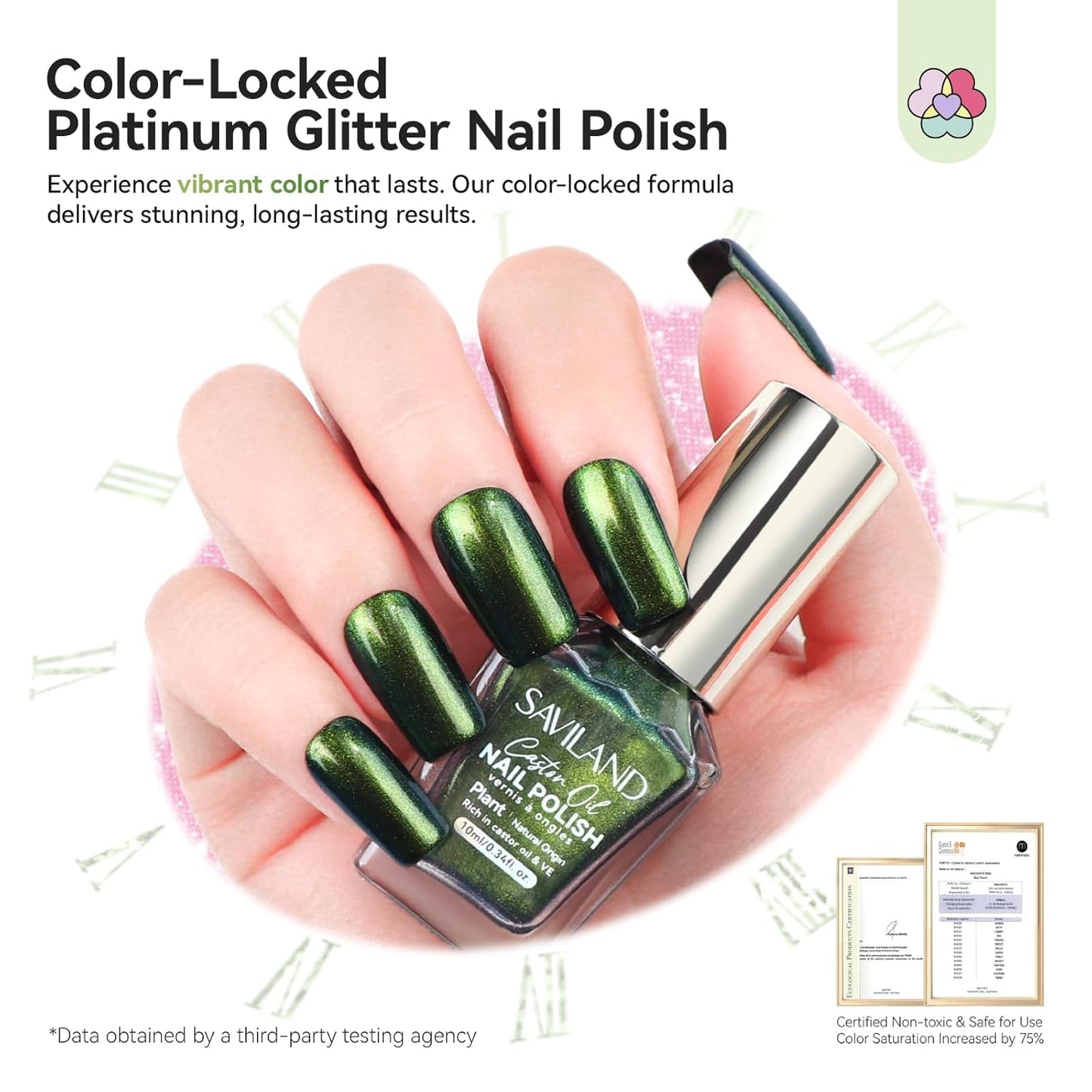 SAVILAND Color Artistry Green Chameleon Nail Polish - 7 Days Shimmer Holographic Glitter Fingernail Polish Air Fast Dry, Green to Gold Color Shift Multichrome Metallic Nail Lacquer Nail Art Salon Home