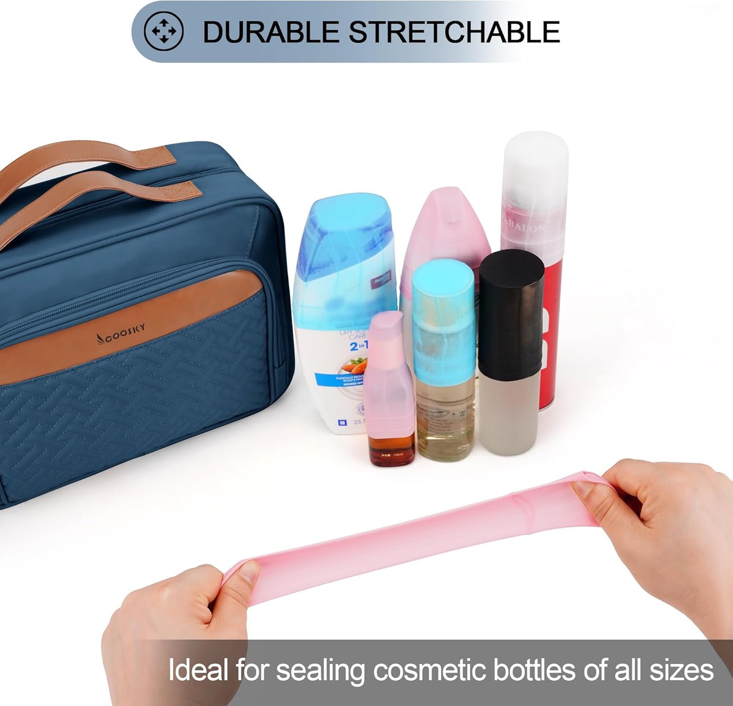 Travel Hanging Toiletry Bag for Women, Large Makeup Bag 8 Leak Proofing Silicone Bottle Covers, Waterproof Cosmetic Bag with Jewelry Organizer Compartment, Toiletries Kit Set, Navy Blue