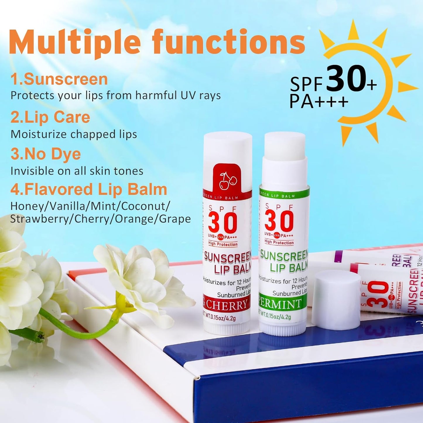 SPF 30 Lip Balm with Sunscreen, SPF Lip Balm Bulk Travel Size-32 Pack, Hydrating Lip Balm Pack with Vitamin E and Coconut Oil- 8 Flavors