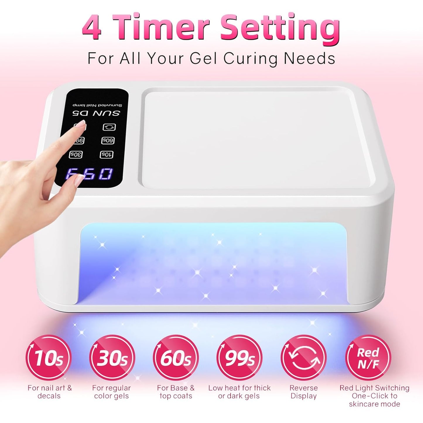 UV LED Nail Lamp, UV Light for Gel Nails with 140 LED Beads, Fast Curing Professional Nail Dryer, Two-Hand Design, Red Light Skincare, Auto Sensor, LCD Display, 4 Timers for Fingernails & Toenails
