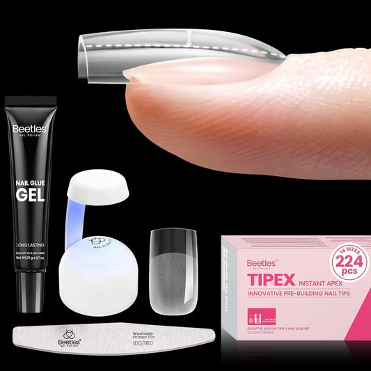 Beetles Tipex Instant Apex Nail Tips Kit Short Square , 224 Pcs Pre-Building Pre-Etched False Nail Tips with Tipex Nail Glue, Mini Nail Lamp-Thick Acrylic Nail Tips Set
