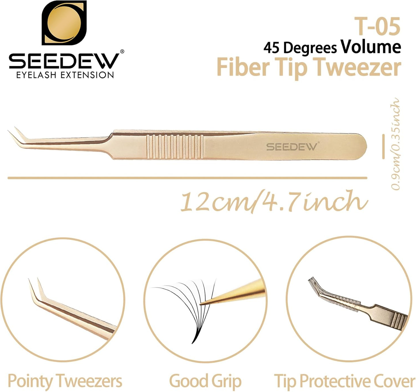 Golden Stainless Steel 45 Degree Angled Volume Tweezer, 1 Pc, T05 Fiber Tip, Precision Eyelash Extension Tool for Lash Tech & Artist