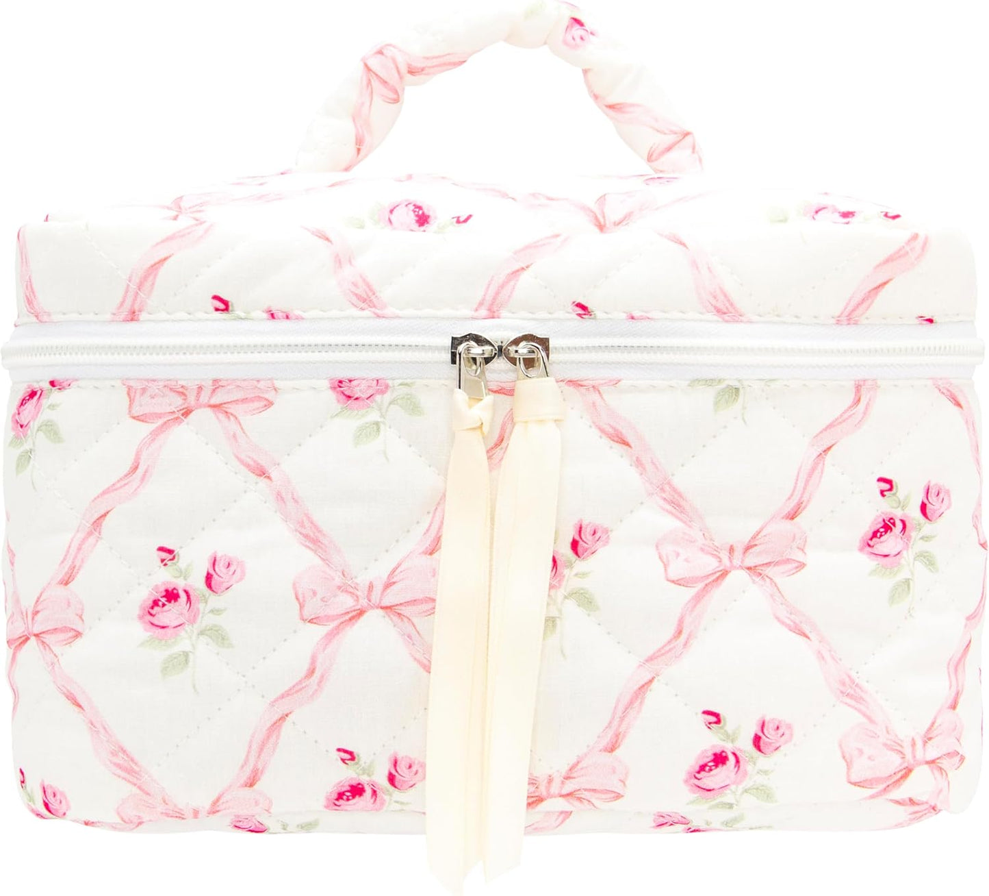 PAZIMIIK Quilted Makeup Bag Large Travel Zipper Soft Cosmetic Case for Women Girls Make Up,Bow Rose