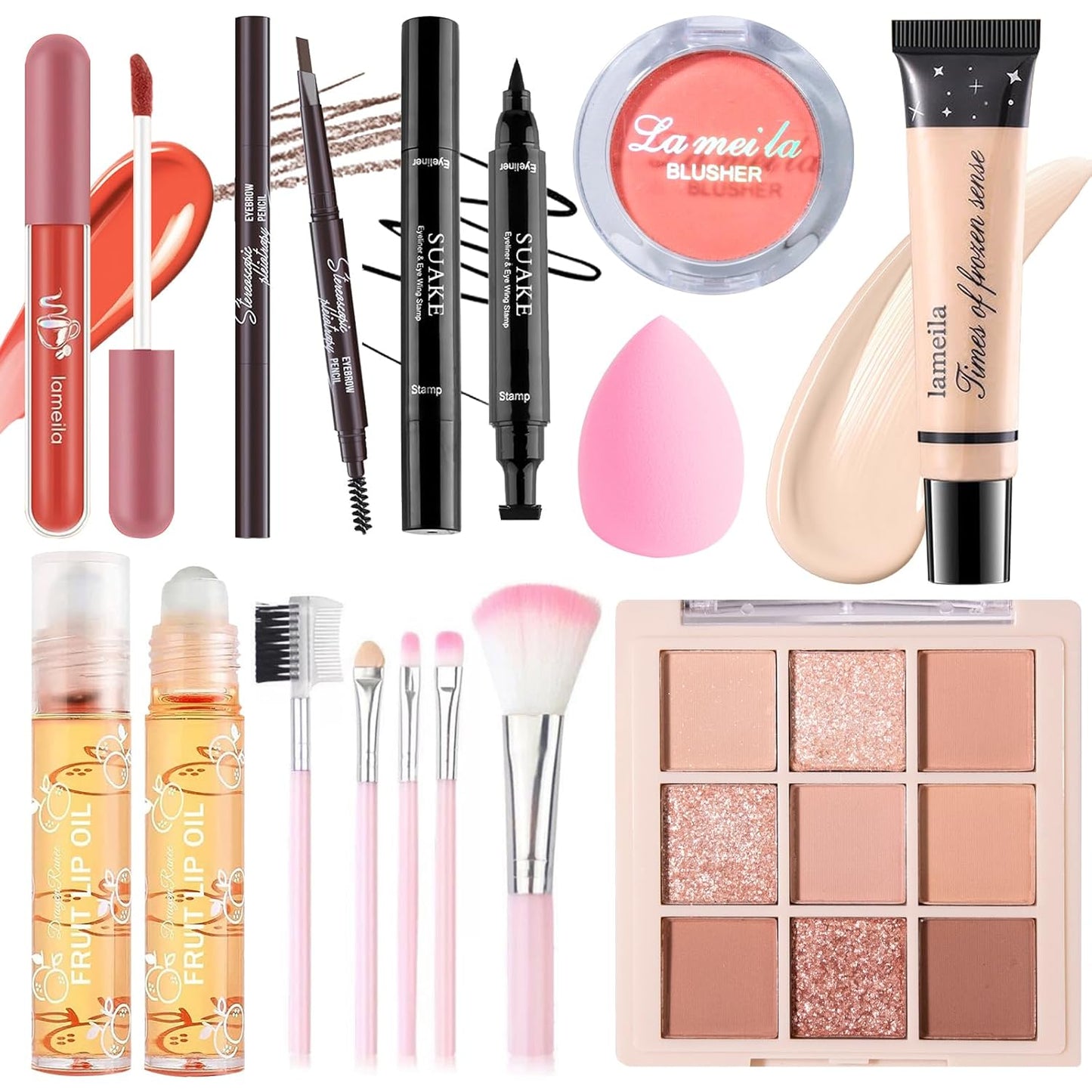 Makeup Set for Girls Teens Women, Makeup Present Set, Makeup Kit, Includes Eyeshadow Palette, Foundation, Blusher, Eyebrow Pencil, Eyeliner, Lip Gloss, Lip Oil, Makeup Brushes & Sponge
