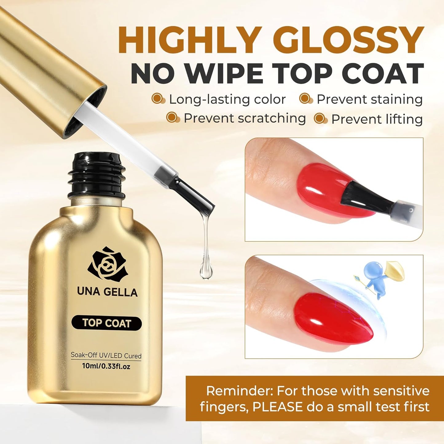 UNA GELLA No Wipe 2PCS Gel Top Coat Base Coat Set, Highly Glossy Top Coat Gel Nail Polish Strengthen and Acid-Free Clear Nail Base Soak Off, Key to Manicure for Her (U V Cure Need)