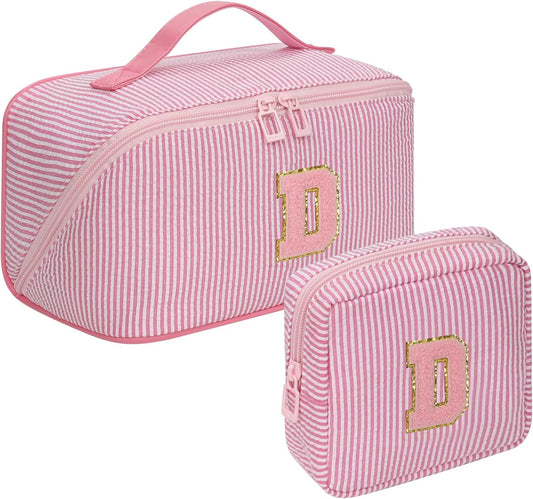 Travel Makeup Bag for Women, 2Pcs Portable Personalized Initial Makeup Organizer Bag, Open Flat Large Cosmetic Bag With Travel Essential Pouch (Pink Letter D)
