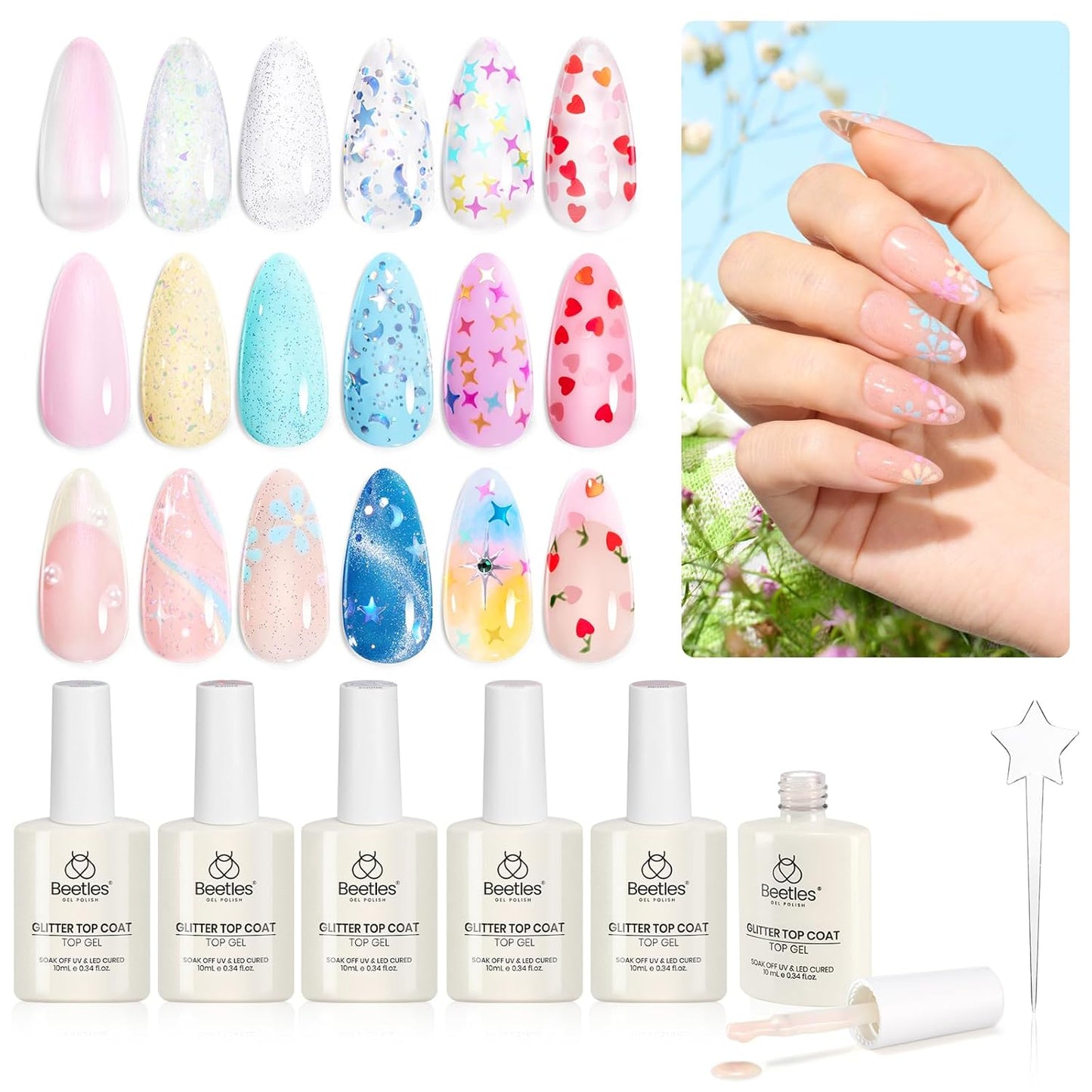 beetles Gel Polish 6Pcs Heart Star Reflective Glitter Gel Top Coat Set, Clear Pink Color Pastel Nail Polish No Wipe Top Coat Long Lasting Highly Shine Soak Off Uv Gel Art