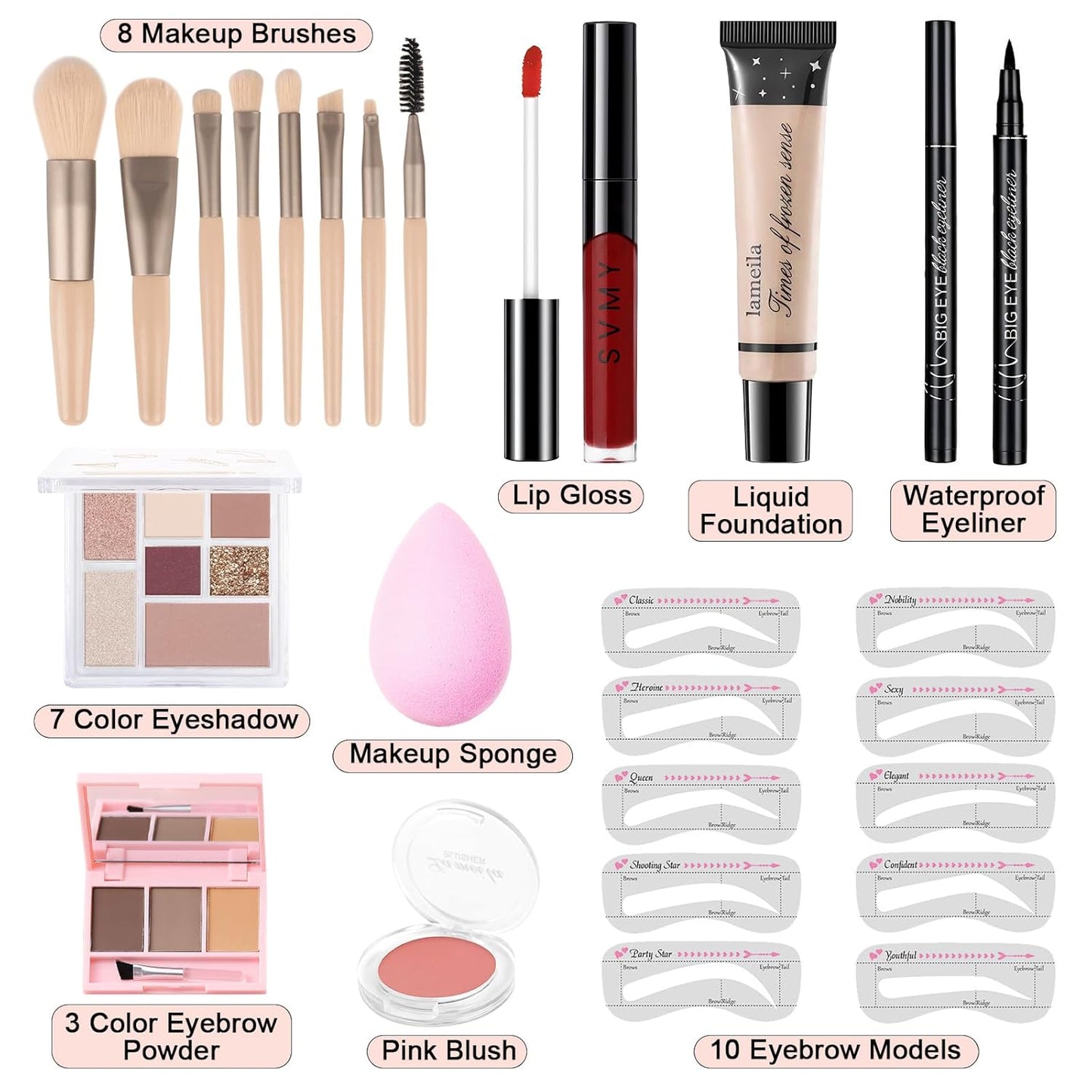Makeup Kit for Teens Girls, Makeup Present Set for Women, Makeup Full Kit for Beginners, Mini Makeup Bundle Include 7 Puce colors Matte & Shimmer Pigmented Eyeshadow Palette, Eyebrow Powder