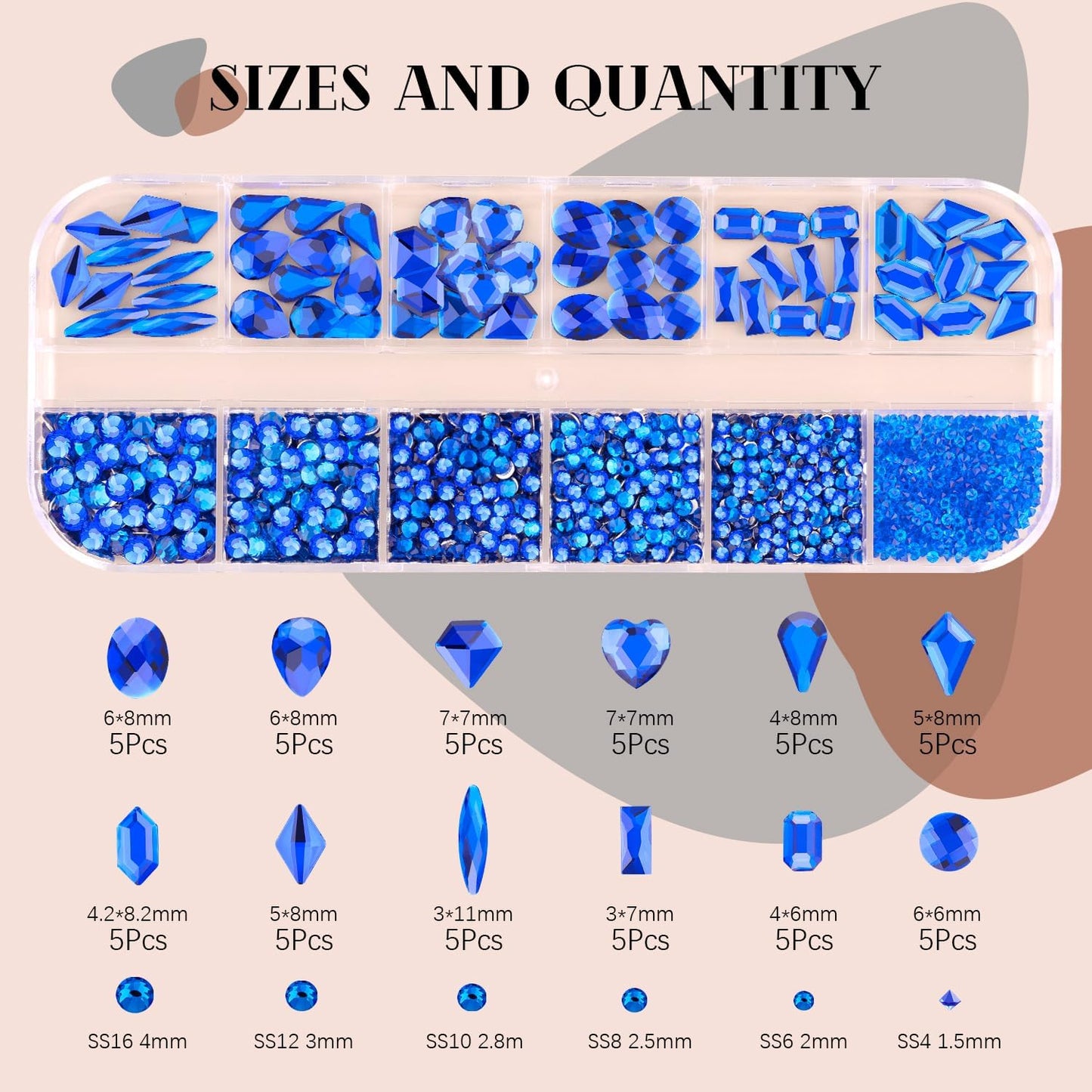 Royal Blue Glass Nail Rhinestones - 2060 Pcs Multi Shapes + 2000 Pcs Round Crystal with Glue Gel for Nail Art