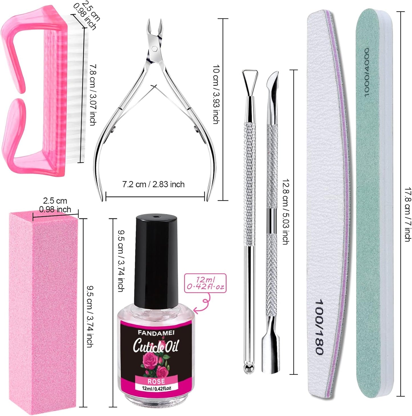 FANDAMEI Nail Files and Buffers, Manicure Tools Nail Care Kit with Nail File, Nail Buffer Block, Cuticle Care for Women with Nippers, Pusher Peeler. Cuticle Oil and Nail Prep Kit.