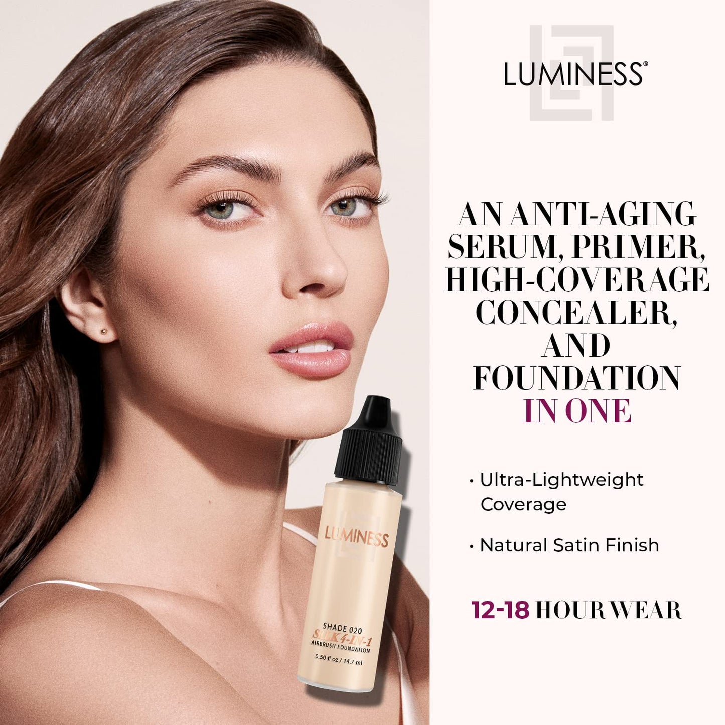 Luminess Air Silk 4-In-1 Airbrush Foundation- Foundation, Shade 020 (.5 Fl Oz) - Sheer to Medium Coverage - Anti-Aging Formula Hydrates and Moisturizes - Professional Makeup Kit for Cordless Air Brush