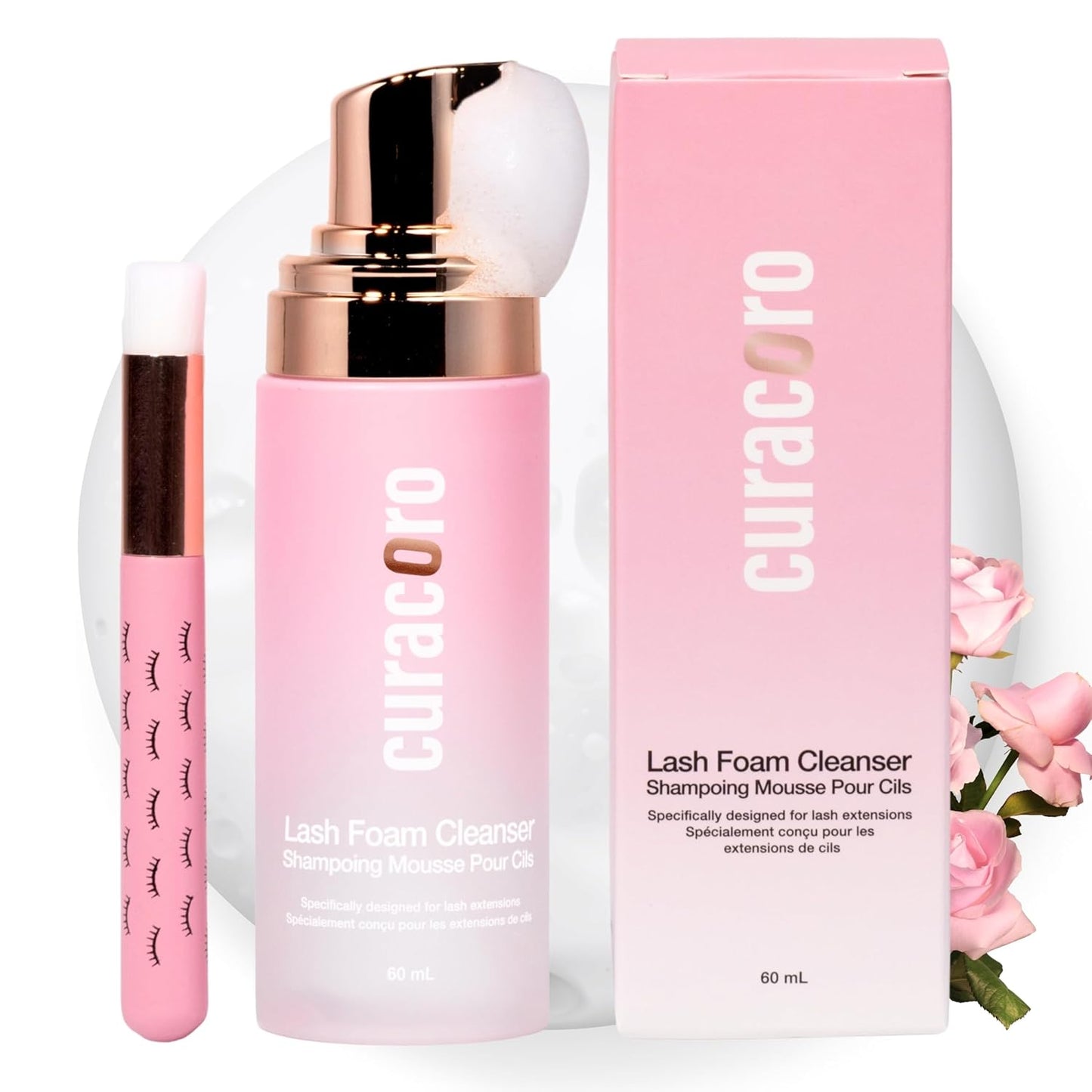 CURACORO 60ML Eyelash Extension Cleanser (Rose Scented) - Lash Shampoo for Lash Extensions, Eyelash Extension Foam Cleanser for Sensitive Skin, Removes Waterproof Makeup for Professional & Home Use