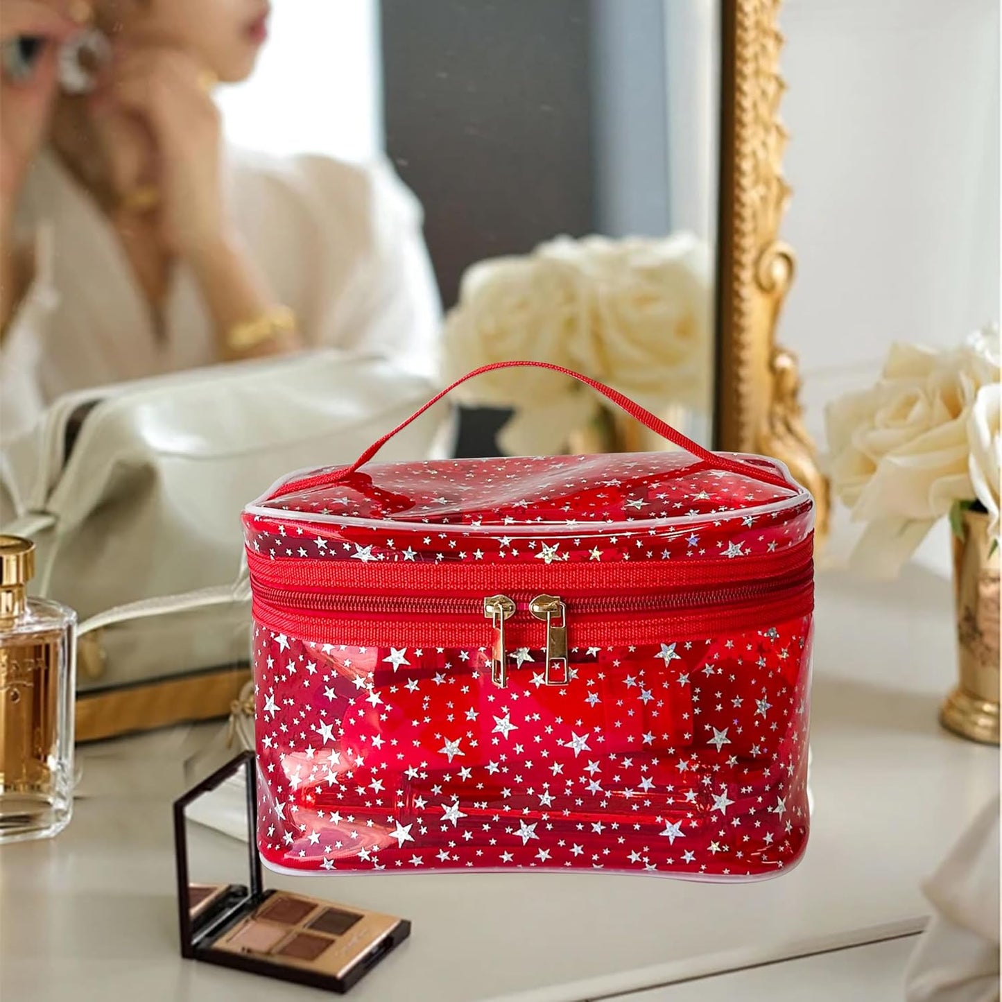 Holographic Makeup Bags Bulk,Clear Storage Bag Toiletry Pocket Portable Zippered Iridescent Pouch Waterproof Cosmetic Gift Bags for Women (Orange-L)