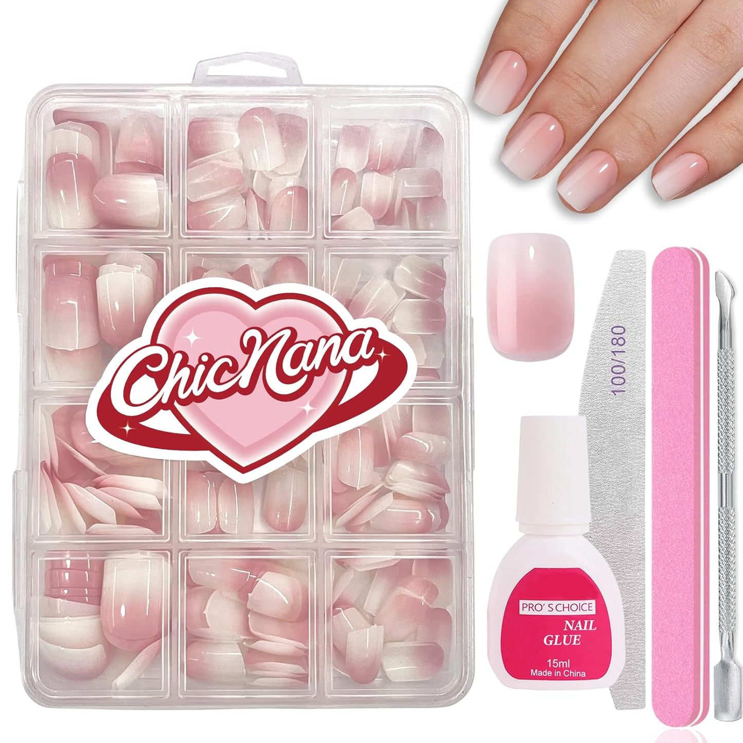 Ombre Press On Nails - 240Pcs Square Short Press on Nails, White Nail Tips Pink White Gradient Soft Gel False Nail Tips Salon Perfect Fake Nails Kit Extensions DIY (Extra Short Square)