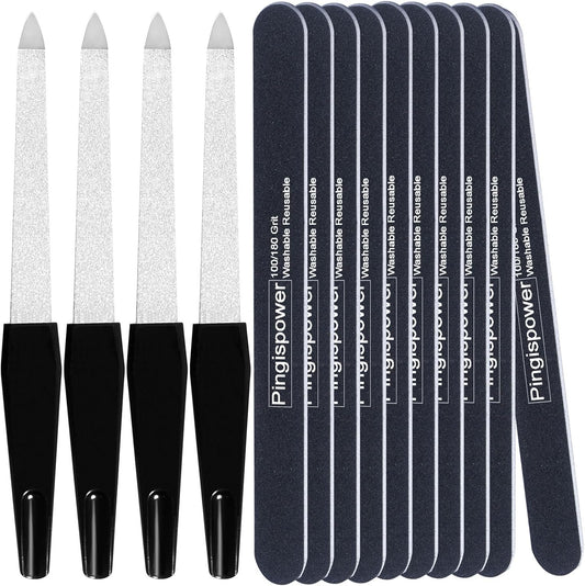 Nail File Set, 14PCS Professional Metal & Emery Board Files for Natural & Acrylic Nails(100/180 Grit), Double Sided Reusable & Washable Nail Care Manicure Kit for Women Home & Salon