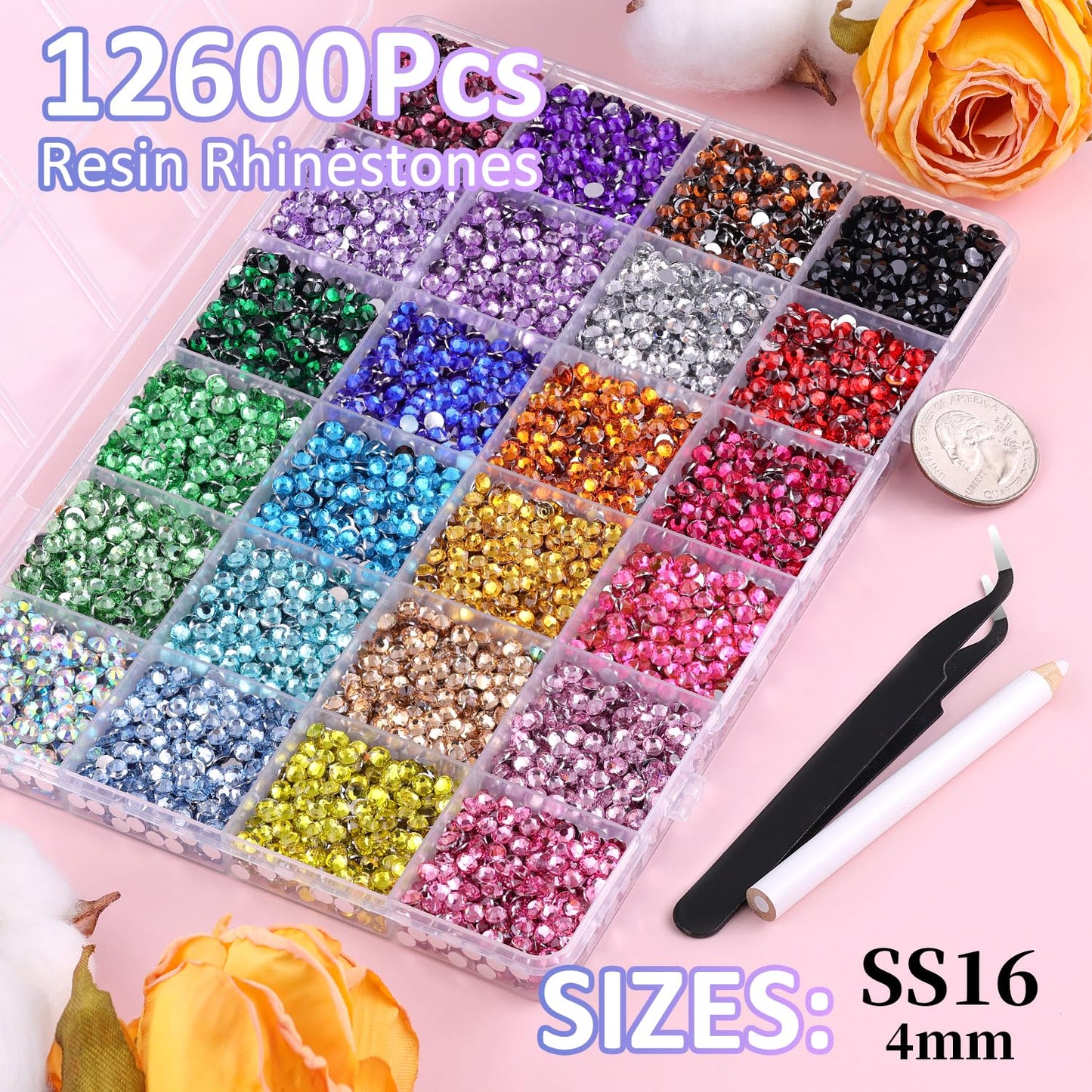 12600Pcs Resin Rhinestones for Bedazzling with Tweezers, Multicolor 4mm Rhinestones for Crafting with 3Pcs 10ml B7000 Jewelry Glue for DIY Crafts Clothing Tumblers Shoes Fabric Nail Art