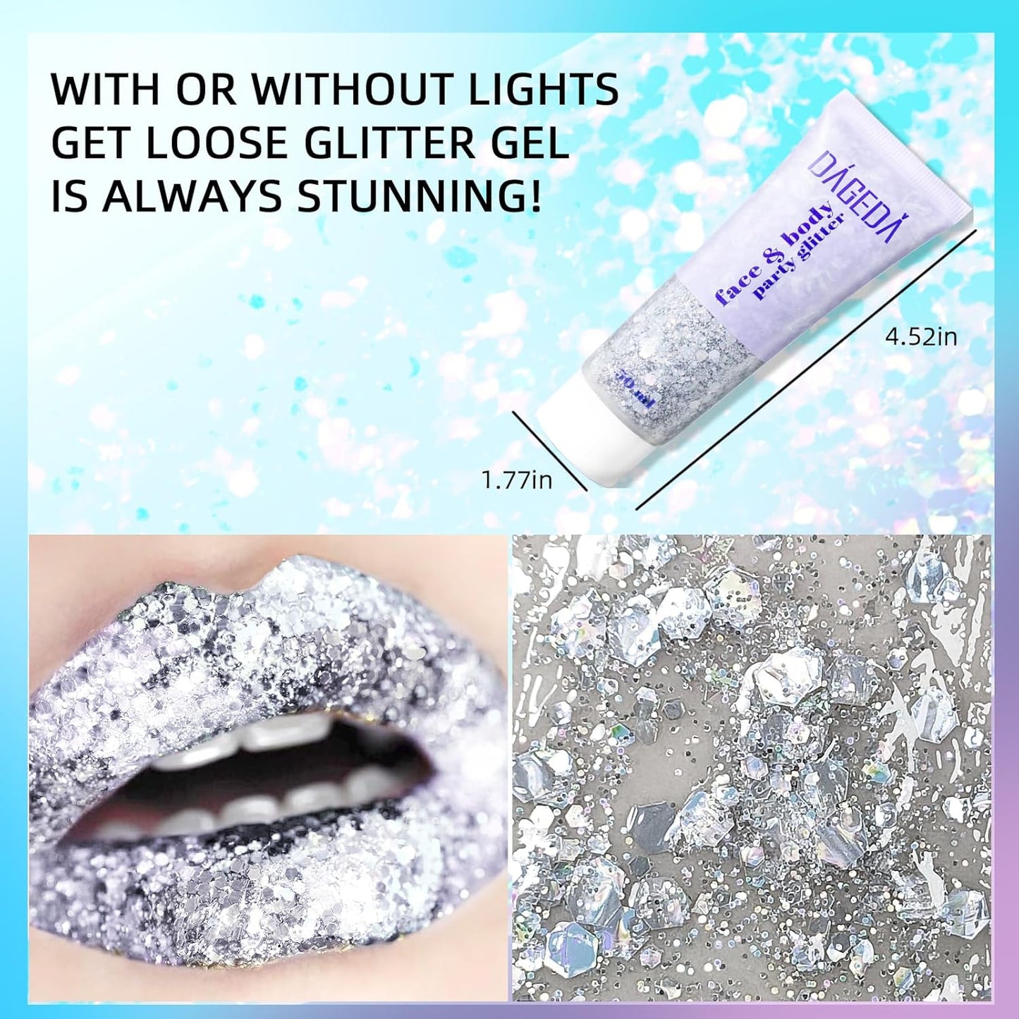 DAGEDA Body Glitter Gel, Body Sequins Shimmer Liquid Eyeshadow, Chunky Glitter for Face Hair Nails, Holographic Cosmetic Laser Powder Festival Glitter Makeup 50ml(Silver)
